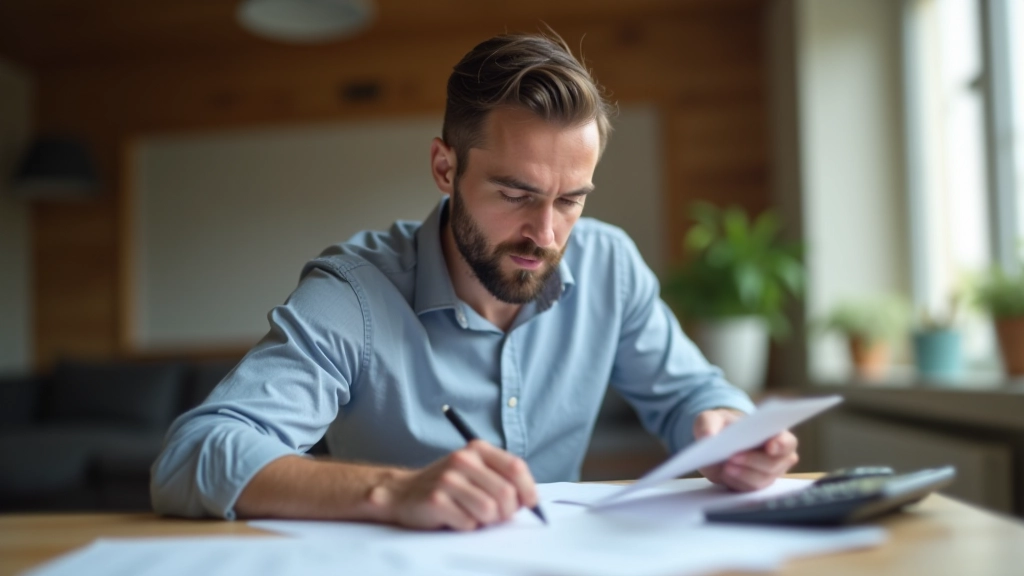 Muž sedí u stolu a studuje důchodní pojistné dokumenty a kalkulačku