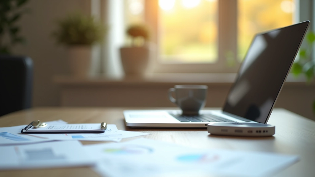Pracovní prostředí s laptopu, poznámkama a finanční dokumenty