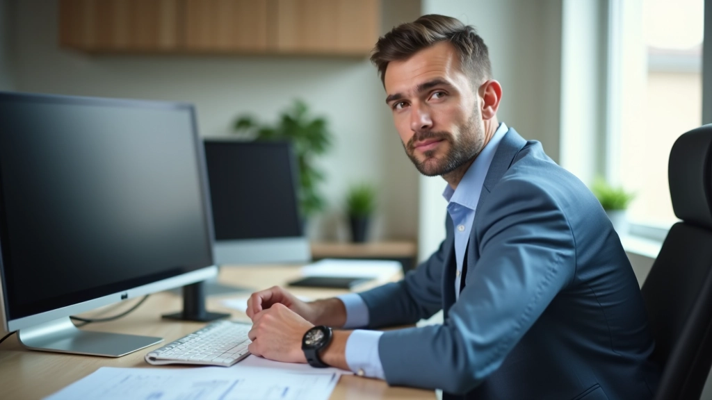 Přepracovaný profesionál sedící u stolu se třemi monitry a hromadou dokumentů