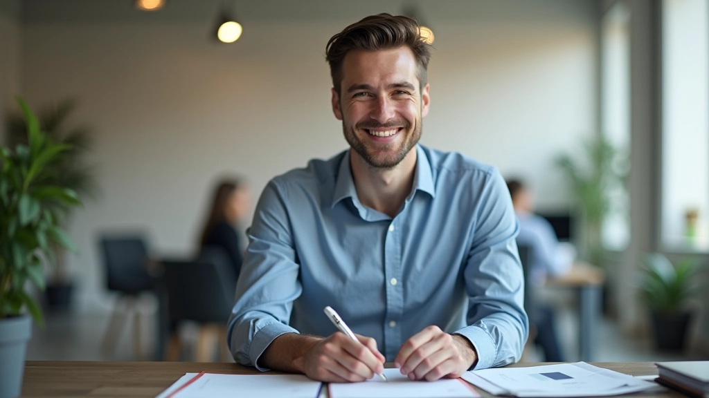 Spokojený profesionál s úsměvem pracující v moderní kanceláři se třemi monitry a jasným přehledem